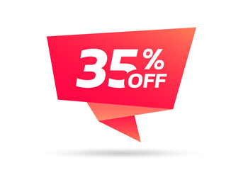 35% sale or discount tag, sticker or origami label. 35 percent price off badge. Promotion, ad banner, promo coupon design element. Vector illustration.