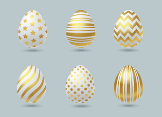 Easter white eggs set. Eggs with Luxury gold ornament. Spring holiday. Realistic vector illustration on blue background. Design elements For greeting card, poster, flyer, web banner, social media.