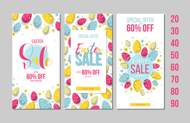 Set of Happy Easter background template with eggs. Happy Easter big hunt or sale banner lettering with colorful eggs. Vector illustration EPS10