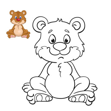 Funny little bear. Black and white picture for coloring book with a colorful example. In cartoon style. Isolated on white background. Vector illustration.