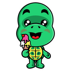 Obraz premium Funny Little Turtle Cartoon Characters eating an ice cream, best for sticker or mascot for ice cream culinary business of children