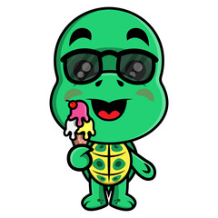 Fototapeta na wymiar Funny Turtle Cartoon Characters wearing sunglasses and eating ice cream, best for sticker or decoration of summer themes for children