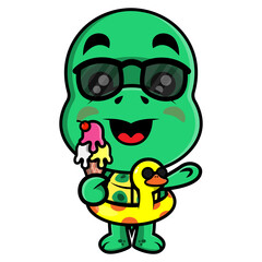 Funny Turtle Cartoon Characters eating an ice cream, wearing sunglasses and duck buoy, best for sticker or mascot with summer vacation themes for children