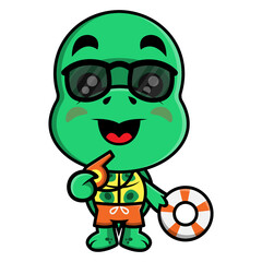 Funny Turtle cartoon characters wearing sunglasses and swimsuit, blow a whistle and carrying a buoy, best for logo or mascot of beach lifeguard themes for kids