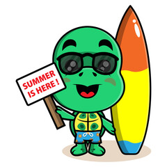 Funny Turtle cartoon characters wearing sunglasses and swimsuit, carrying a surfboard and billboard with 