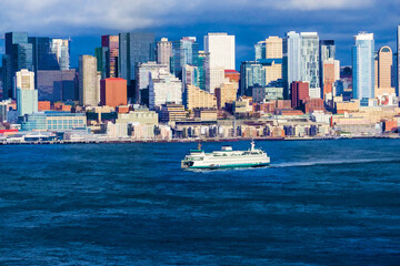 Fototapeta na wymiar Ferry And Seattle Skyline Illustration