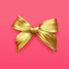 Decorative gold ribbon realistic design. Gift bow with ribbons. Holiday decoration. Vector bow for page decor. Isolated on red background.