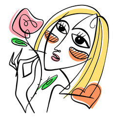 Vector illustration. Graphic abstract portrait of a woman with a flower in her hand. Drawn with calligraphic line.