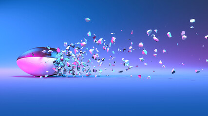 rugby ball falling into small pieces in neon lighting