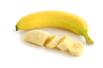 Whole banana and slices isolated on white