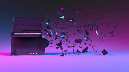 half destroyed piano with fragments flying off in neon lighting © zeleniy9