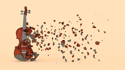 half destroyed violin with fragments flying off © zeleniy9