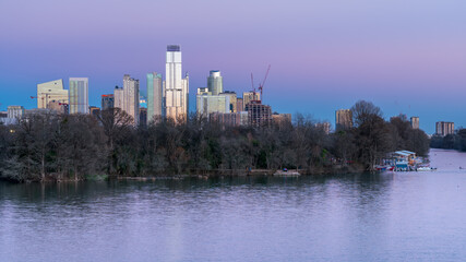 View of Downtown Austin next to Town Lake At Early Dawn With Clear Skies
