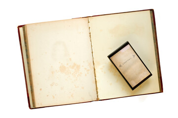 Old book and e-book reader. E- Book, book fair,reading,relaxing,education concept. Isolated, flat lay, free copy space