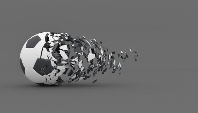 half destroyed soccer ball with fragments flying off
