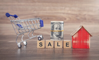 Word Sale on wooden cubes with a house model, shopping cart and money.
