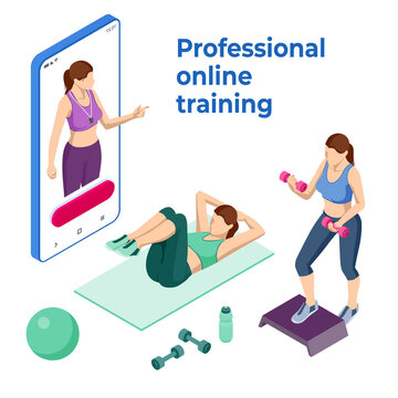 Isometric online fitness and training on smartphone. Distant training with personal trainer. Young fit woman in sportswear watching online video with fitness exercises.