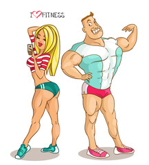 Cartoon vector illustration. Cartoon funny man and woman posing, showing excellent athletic shape.