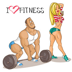 Vector caricature. Cartoon funny illustration. A beautiful woman athlete distracts a man who is engaged with a barbell. The concept of an attractive sporty appearance. Motivation for sports.