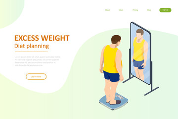 Isometric Healthy food and Diet planning. Fat man looks with a mirror and introduces herself slender, the dream of losing weight