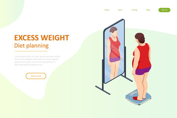 Isometric Healthy food and Diet planning. Fat woman looks with a mirror and introduces herself slender, the dream of losing weight