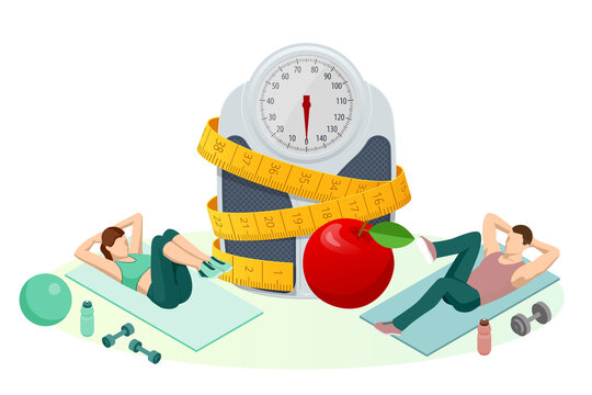 Personal diet and fitness. Isometric Healthy food and Diet planning concept. Healthy eating, personal diet or nutrition plan from dieting expert. Nutrition consulting, diet plan. Excess weight