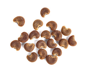 Ambrette Seed (Abelmoschus Moschatus). Top View. Isolated on White. - obrazy, fototapety, plakaty