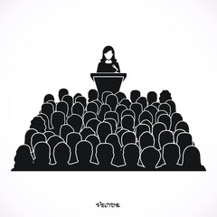 orator woman, speaking from the tribune. public speaker and a crowd, vector illustration in the flat style