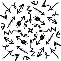 Black arrows pattern on white. Interesting background, monochrome texture with markers, school theme, notebook, doodles. Vector illustration for presentations, covers, diaries. Isolated.
