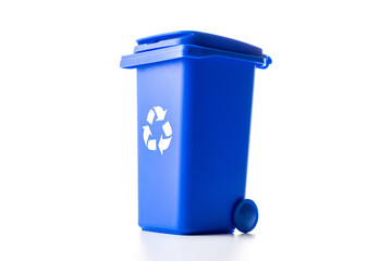 Trash bin. Blue dustbin for recycle paper trash isolated on white background. Container for...