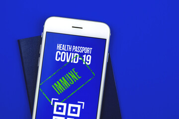 Immune passport concept on a screen of smartphone, negative result, travel in a world with COVID-19, pandemic