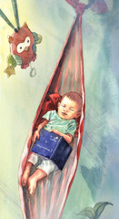 top view of newborn baby sleeping in a red hammock. illustration of a child resting with a book in his hands. Outdoor relaxation.