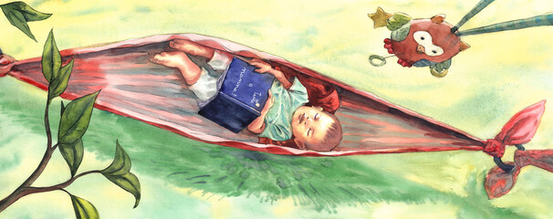 top view of newborn baby sleeping in a red hammock. illustration of a child resting with a book in his hands. Outdoor relaxation.