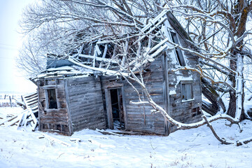 Old homestead crushed by a tree