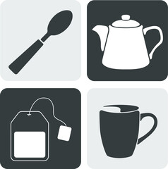 Tea party icons are gray and white