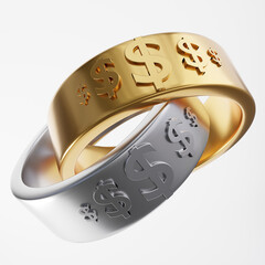 3d render silver golden rings with dollar on the white background