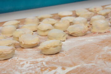 Homemade dumplings close-up on board with flour. Preparing ravioli for boiling. Close-up, selective focus, shallow depth of field.
