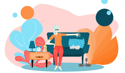 Fototapeta na wymiar Concept happy, relax. A girl sitting on the sofa With a white kitten Inside the living room Flat style vector illustration for vacation, leisure lifestyle, enjoy happy. 