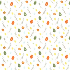Cute Easter background with colorful eggs, spring branches and flowers