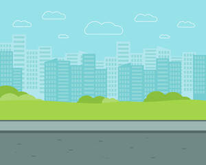 Fototapeta premium City street with high-rise buildings. Park flat vector illustration