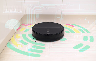 the concept of using sensors for the robot vacuum cleaner to achieve optimal movement and cleaning. Smart home technology of the future and artificial intelligence