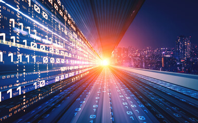 Digital data flow on road with motion blur to create vision of fast speed transfer . Concept of...