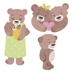 Cute bears with heart, mother with baby, vector