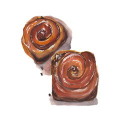 Tasty cinnamon rolls. Watercolor illustration. Hand painting