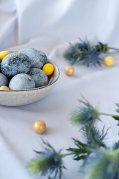 Blue and yellow easter eggs in grey plate with green eryngium, picture with copy paste.