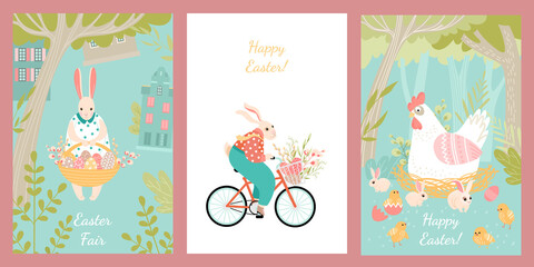 Fototapeta na wymiar Set of vector illustrations for Easter with cute rabbits and chickens.