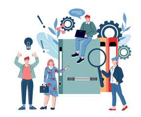 Business solution concept with tiny people engaged in business process and strategy analysis, cartoon vector illustration isolated on white background. Project and customer relationship management.