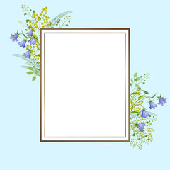 Bells. Frame from wildflowers on a blue background. Vector drawing.