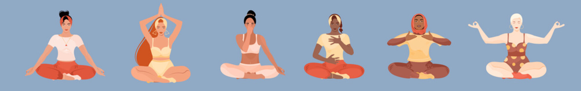 Abdominal Breathing Set. Young Multiracial Women Practice Deep Breathing. Breath Awareness Yoga Exercise. Vector Flat Cartoon Illustration.