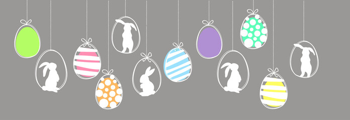 Easter garland with hanging easter eggs and rabbits. Simple vector colorfull banner.